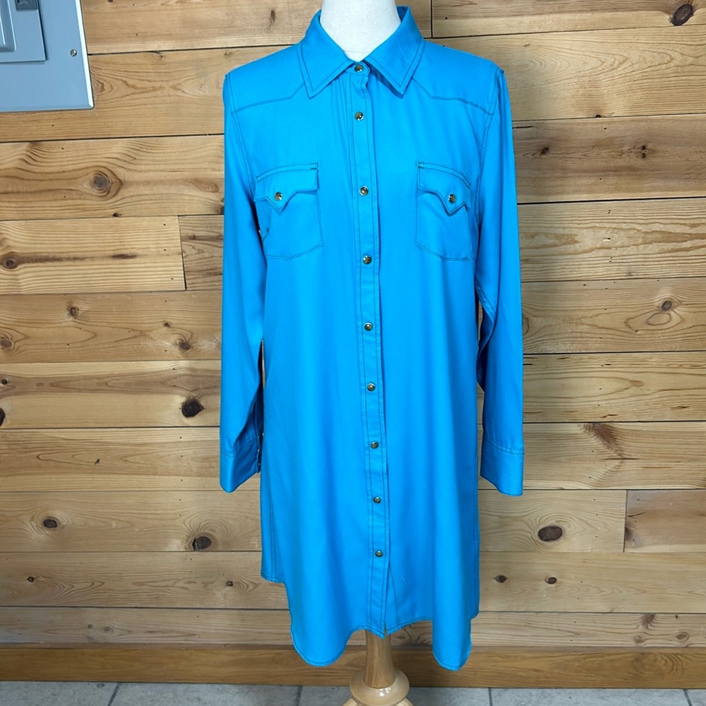 EUC Cowgirl Justice rodeo western turquoise pearl snap shirt shift dress XL